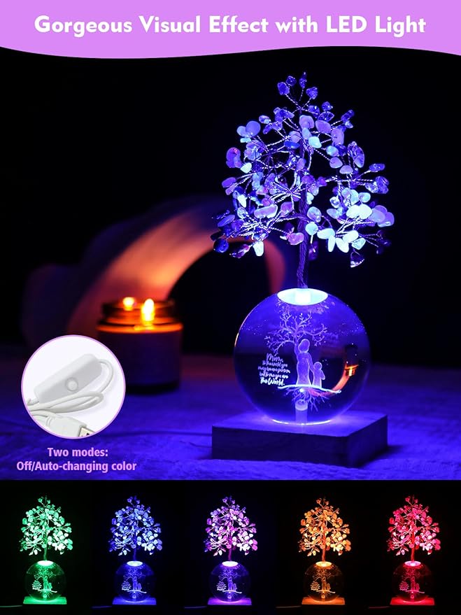 Crystal Tree of Life, 7 Chakra Healing Tree with Multicolor Night Light Crystal Ball for Meditation Relaxation, Spiritual Gift for Women, Mother (3D Mom & Kid Figurines)