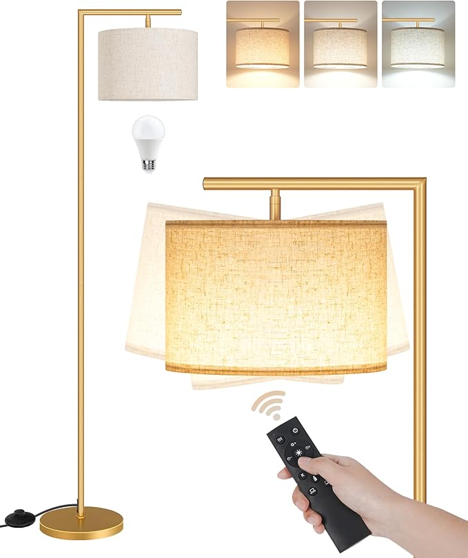 Modern Dimmable Floor Lamp for Living Room, Corner Tall Lamp with Fabric Shade, LED Bulb Included, Arched Reading Light with Remote Control and Foot Pedal, Beige and Gold DE11LD05