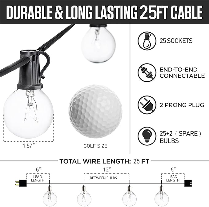 Globe String Lights with 27 Clear G40 Bulbs, Connectable Outdoor /Indoor Lights for Wedding Christmas Camping RV Garden Patio Gazebo Porch Pergola Bistro Backyard Balcony Deck, 25ft Black Wire