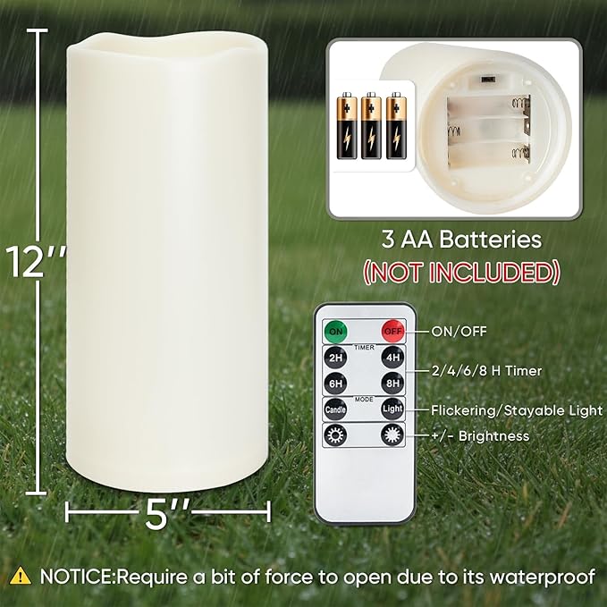 Homemory 12" x 5" Large Waterproof Outdoor Flameless Candles with Remote Control and Timer, Battery Operated Flickering LED Pillar Candles for Outdoor Larterns, Porch, Long Lasting, Set of 4