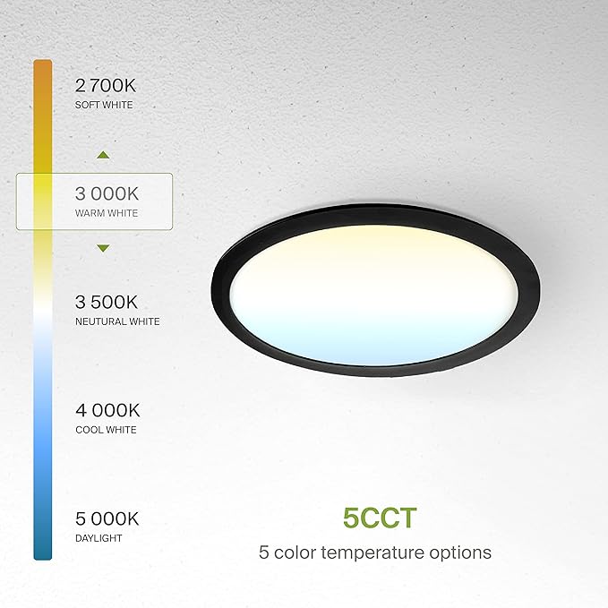 ASD 4 Pack 11/12 Inch LED Recessed Lighting 24W, 5 CCT 2700K-5000K CRI90+, IC Rated Ultra Thin Dimmable Ceiling Lights with J Box, Canless Wafer Downlight, Round Slim Panel Light, UL Listed, Black
