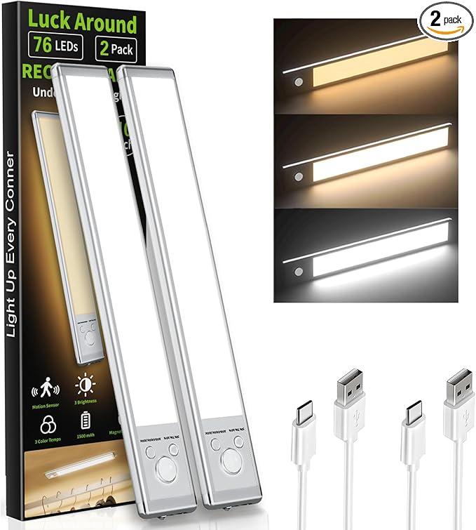 Under Cabinet Lighting, 2 Pack Motion Sensor Light Indoor, 88 LED USB Rechargeable Battery Operated, 3 Levels Dimmable Magnetic Closet Lights, Wireless Under Counter Lights for Kitchen Stairs Hallway