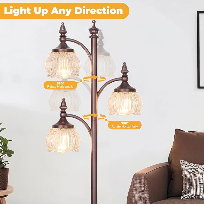 Brown Floor Lamps for Living Room Standing Lamp with 3 Brightness Lights Glass Shade 66.5in Flower Lamp for Bedroom Office Corner(3LED Bulbs Included)
