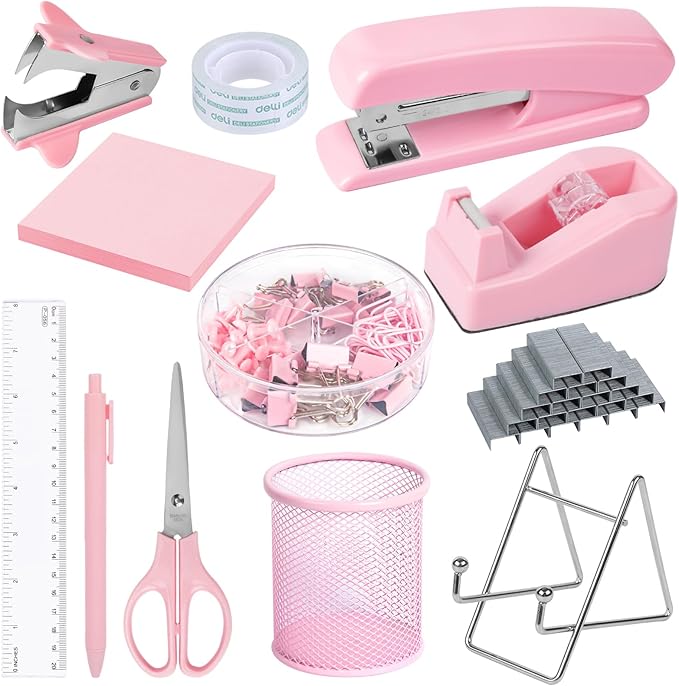 Pink Office Desk Accessories and Organizers, Office Supplies for Desk for Women, Stapler, 1000 Staples, Staple Remover, Phone Holder, Tape Dispenser, Pen Holder, Sticky Note, Clips, Ruler, Etc