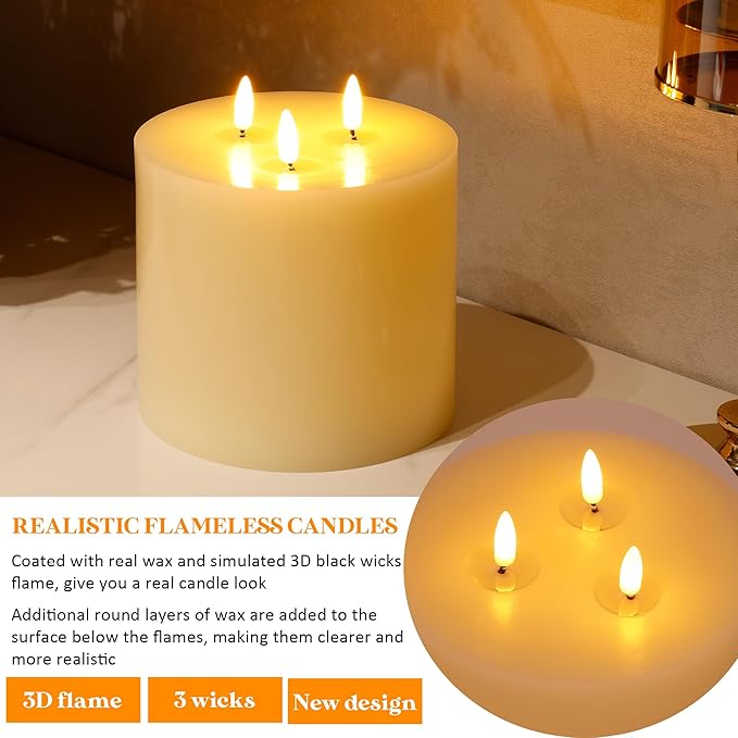 Extra Large Flameless Candles, 6"x6" Real Wax Battery Operated Candles with Remote and Timer, Flickering LED Pillar Candles with 3 Wicks for Home, Wedding, Party, Holiday, Ivory