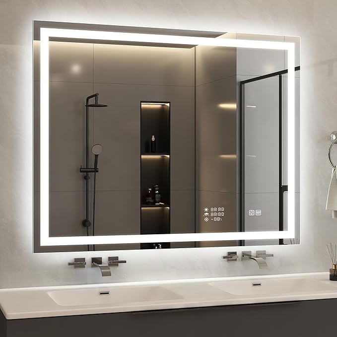 STARLEAD 28"x36" LED Bathroom Mirror with Built-in Clock, Dimmable Lighting, 3 Color Temperature, Anti-Fog, Touch Control Wall Mounted Vanity Mirror