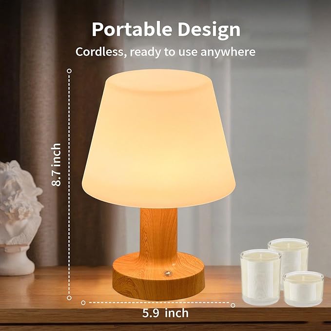 Operated Table Lamp 3000mAh Cordless Rechargeable, Touch Dimmable Desk Lamp, LED Night Light for Patio Camping Restaurant Home, H8.7in, Wood Grain