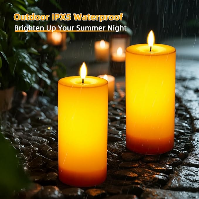 IMAGE 4"x8" Waterproof Rechargeable Flameless Candles with Timer & Remote Control, Fake LED Pillar Plastic Candles Light for Outdoor, Lanterns, Porch, Flickering & Long Lasting, Set of 2