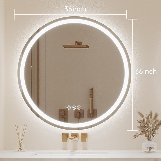 LOVESPEJO 36" Round LED Bathroom Mirror with Lights, Circle LED Mirror for Bathroom, Fogless, Dimmable, 3 Color Changing, IP54, Shatter-Proof
