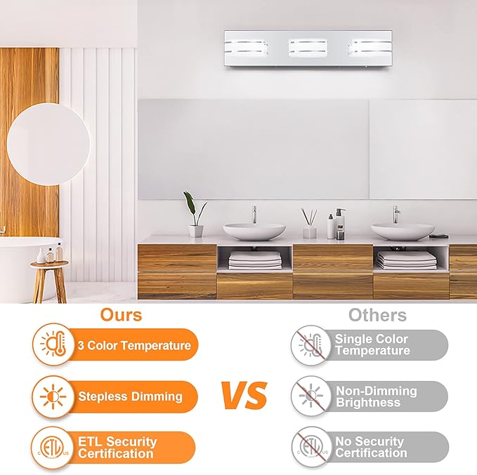 3 Color Temperature Dimmable Bathroom Light Fixtures Over Mirror, LED Chrome 3 Light Vanity Lighting Fixtures, Acrylic Stainless Steel Oval Shade Vanity Lights for Bathroom, ETL Certificated