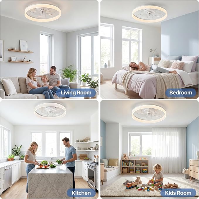 20'' Ceiling Fan with Light,Low Profile Flush Ceiling Fan, 6 Speeds, Dimmable LED, Remote Control, Quiet DC Motor, Bladeless Flush Mount Fixtures for Bedroom, Living Room,DM104-B White