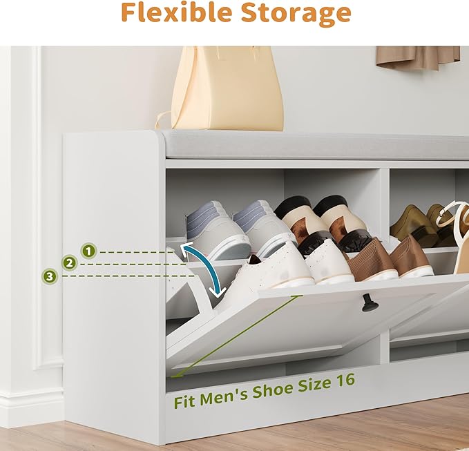 Modern Shoe Storage Bench fits up to Shoe Size 16, Entryway Bench with 2 Flip Drawers and Padded Seat Cushion, Wooden Shoe Bench with Storage for Entryway, Hallway, and Apartment, White