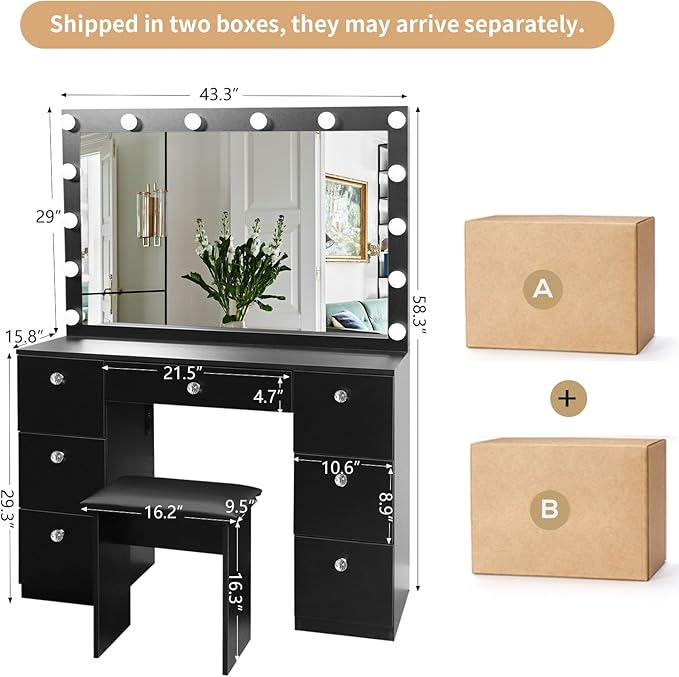 SMOOL Vanity with Lighted Mirror, Makeup Vanity Desk with Power Outlet and LED Bulbs, 3 Color Lighting Modes Adjustable Brightness, 7 Drawers Vanity Table with Cushioned Stool for Bedroom,Black