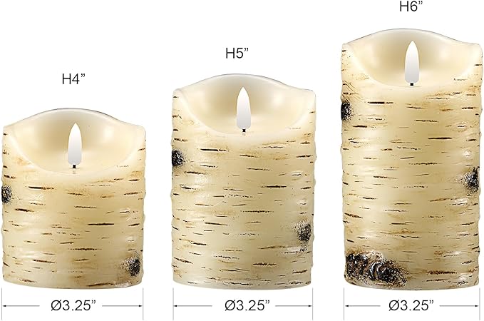 qinxiang Flameless Candles LED Candles Birch Bark Set of 3 (D 3.25" x H 4" 5" 6") Ivory Real Wax Pillar Battery Operated Candles with LED Flame 10-Key Remote Control and Cycling 24 Hours Timer