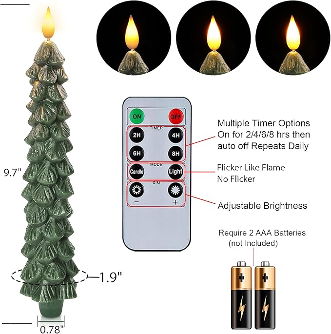 Homemory 3 Pcs Christmas Tree Candles with Remote, Waxy Flameless Taper Candles Flickering, Green LED Candlesticks Battery Operated for New Year Celebration Holiday Decorations 9.7 Inches