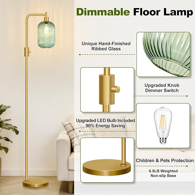 【Upgraded】 Dimmable Glass Floor Lamp for Living Room, Modern Gold Standing Lamp with Green Ribbed Glass Lampshade & Knob Dimmer, Arc Tall Lamp for Bedroom Office Reading Room, 2700K Led Bulb Included