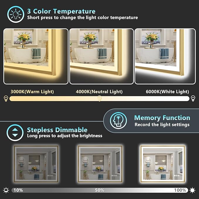 48x28 Gold Beveled LED Bathroom Mirror with Lights, Brushed Gold Framed Backlit and Front Lit Anti-Fog Lighted Vanity Mirrors for Bathroom Wall, Dimmable, 3 Colors, Memory, HD Tempered Glass