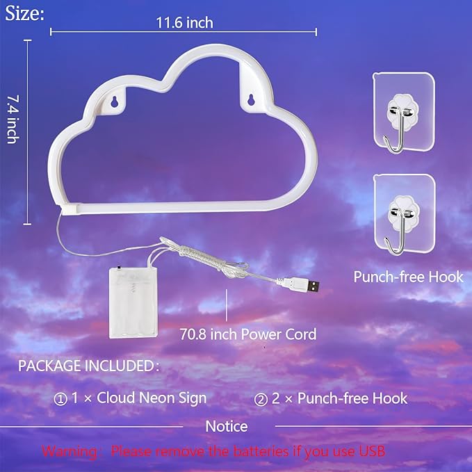 Cloud Neon Sign Blue Cloud Light Sign for Wall Decor,Battery or USB Powered Clouds Shaped LED Sign Decoration Lights for Bedroom Aesthetic Teen Girl Kid Room Christmas Birthday Wedding Party
