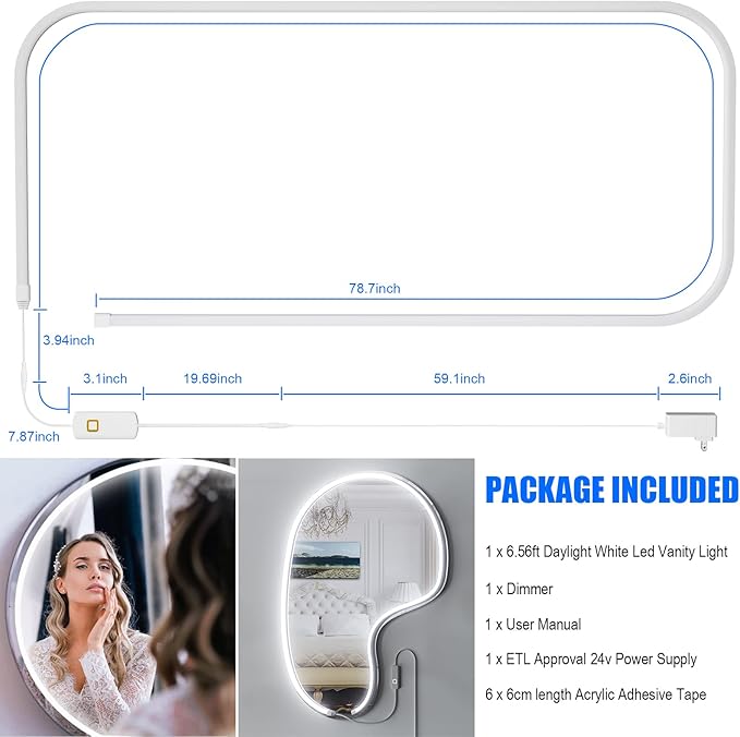 MY BEAUTY LIGHT LED Vanity Lights Strip for Mirror, 6000K Bright Daylight White Vanity Mirror Lights, 6.56FT Dimmable Makeup Light, ELT Approval 24V Stick on Lights for Mirror