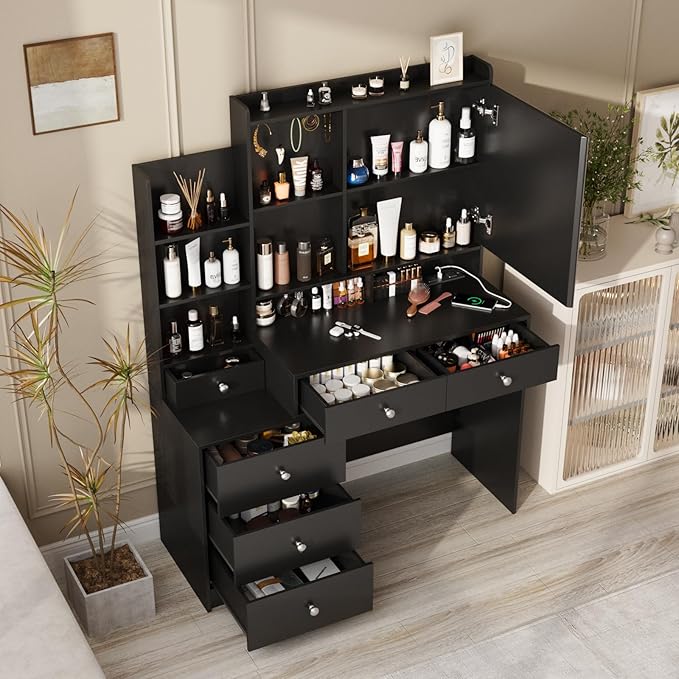Makeup Vanity with Led Mirror and Power Strip,Vanity Desk with Lots Drawers & Openable Mirror,3 Lighting Colors,Open Storage Shelves,Dressing Table for Bedroom,Black