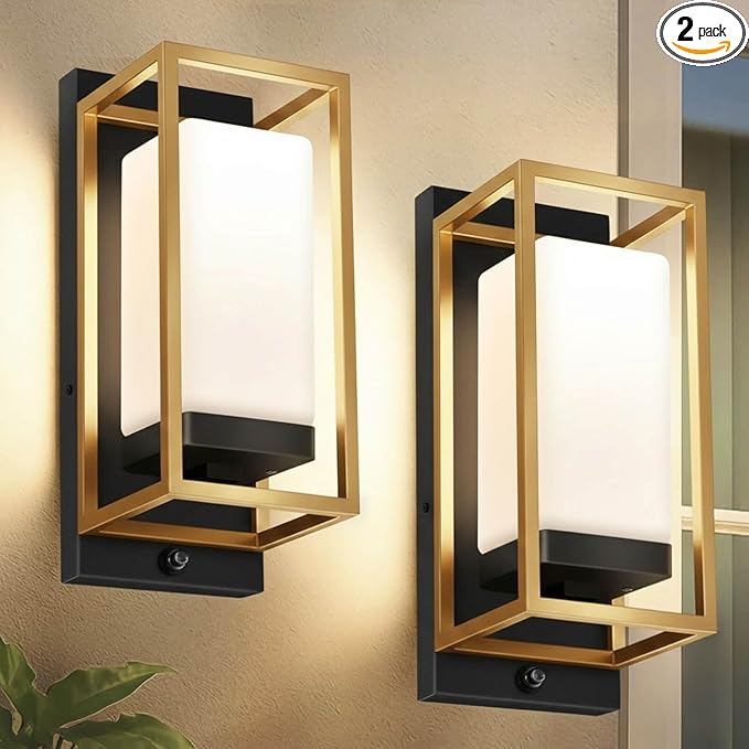 RAYVO Modern Outdoor Wall Light with Dusk to Dawn Sensor, Waterproof Exterior Lighting Fixtures with E26 Base, Bulb Included, Outdoor Sconce Lights for Porch Garage Entryway, Black Gold, 2 Pack