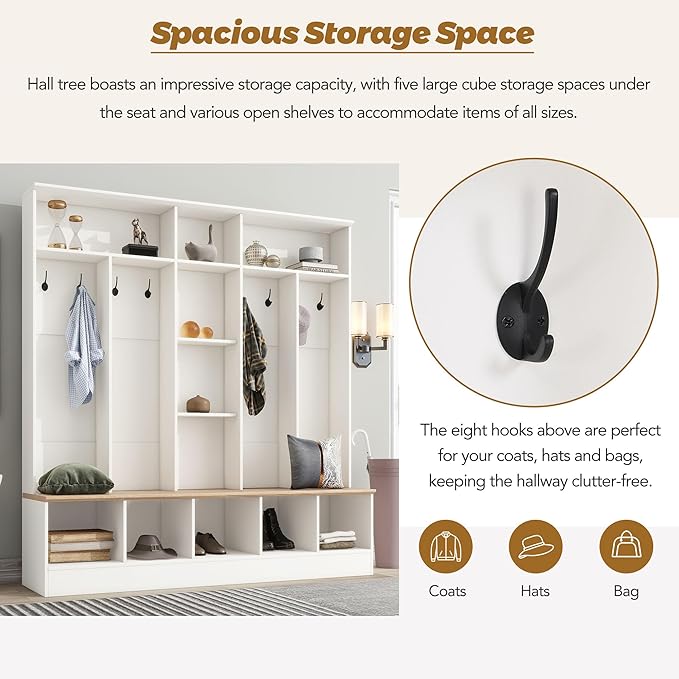 Wide Hall Tree With Shoe Storage Bench, Minimalist Entryway Coat Rack, Cube Storage and Shelves, Multifunctional Mudroom With 8 Hooks for Hallway (White)