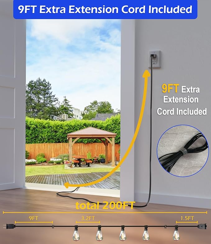 Luckystyle 200FT LED Outdoor String Lights With 60+2 Edison Shatterproof Waterproof Bulbs, 2700K Commercial Grade Patio Lights, Heavy Duty Outside Hanging for Garden Porch Deck Decor