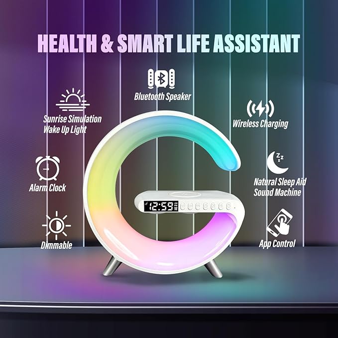 Smart LED Table Lamp,4 in 1 Night Light,Wireless Charger,Alarm Clock and Bluetooth Speaker with App Control Color Changing Lamp for Bedroom, Office, and Home Decor (White)