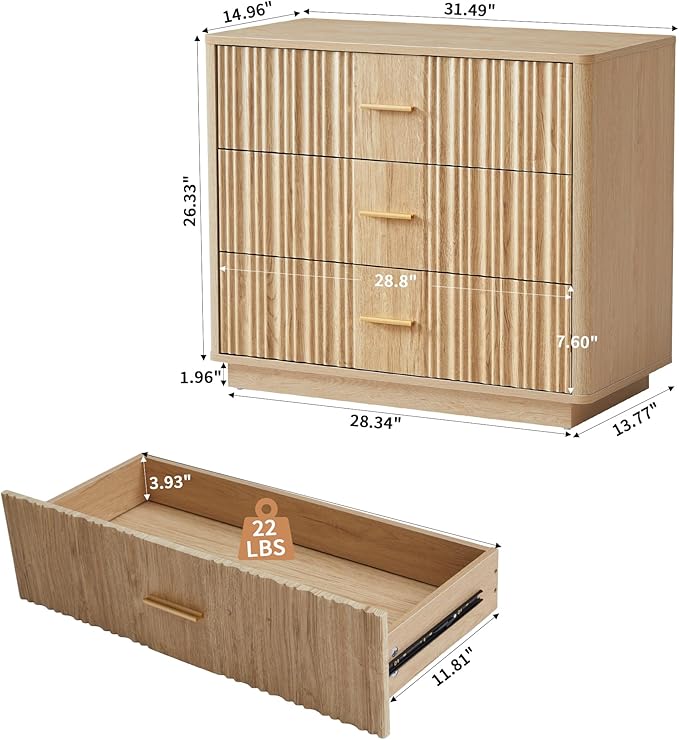 Fluted Dresser for Bedroom with 3 Drawers, 31.5" Wide Modern Chest of Drawers with Metal Handle, Large Storage Dresser, Wood Closet Clothes Storage Organizer for Nursery Living Room, Hallway,Natural