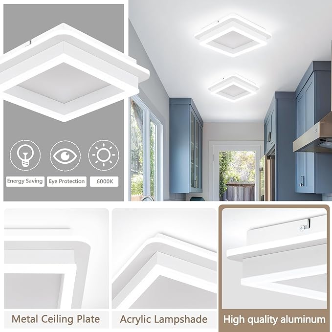 CANEOE 3 Packs Square Flush Mount Ceiling Light, 6000K Black Modern LED Ceiling Light Fixture, Minimalist Hallway Lighting Fixture Ceiling Lamp for Hallway Entryway Bedroom Balcony (White)