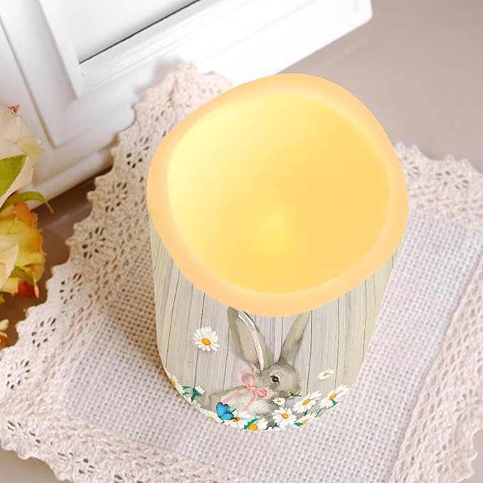 Easter Bunny Daisy Plastic Flameless Candles with Remote Control and Timer LED Flickering Battery Electric Pillar Candles for Table Easter Decoration
