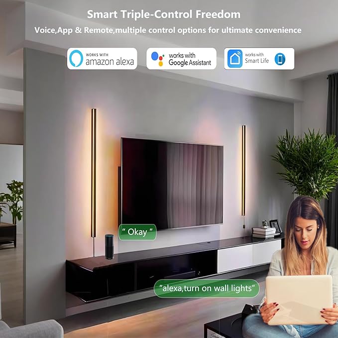 Smart Wall Sconces Set of 2, 35.4 In RGBCW LED Wall Lights Works with Alexa & Google Home, Plug-in or Hardwire Installation Wall Mount Lamp Dimmable for Bedroom, Living Room, Hallway Decor, Music Sync