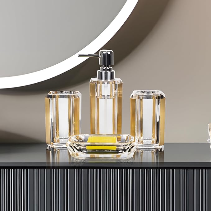 4-Piece Gold Bathroom Accessories Set — Soap Dispenser, Soap Dish, Mouthwash Cup & Toothbrush Holder, Acrylic with Brushed Gold Accent, Luxury Bathroom Vanity Countertop Organizer for Home