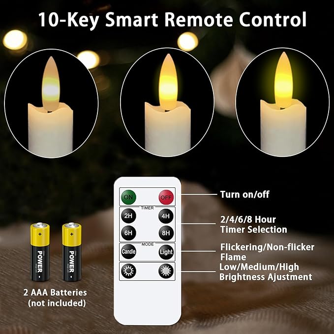 2 PCS Upgraded Real Wax LED Flameless Taper Candles with Remote, KSWING White Candlesticks Battery Operated 3D Flickering - 9.6” Long Realistic Fake Candle Sticks for Home/Wedding/Fireplace Xmas Decor