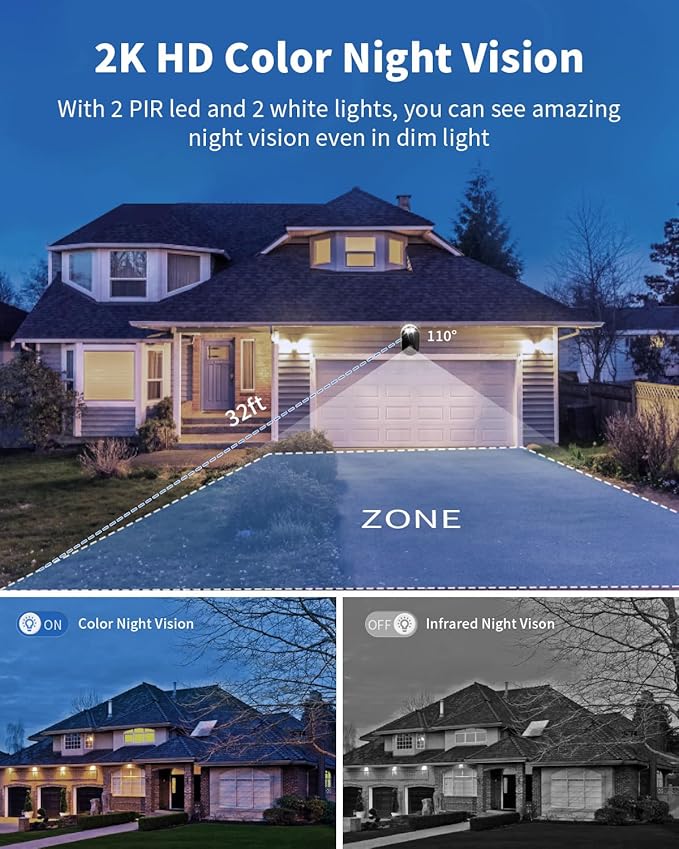 Security Cameras Wireless Outdoor, Battery Powered 2k Color Night Vision, AI Motion Detection, IP66 Weatherproof, 2-Way Talk, SD/Cloud Storage, 2.4Ghz WiFi Cameras for Home Security(2 Pack)