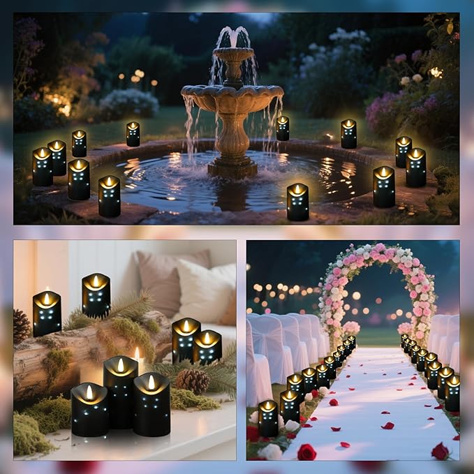 Outdoor Waterproof Flickering Flameless Candles with Embedded Star String,2Pcs LED Pillar Candles Battery Operated with Remote and Timers for Courtyard,Porch,Camping,Holiday Decoration(Black)