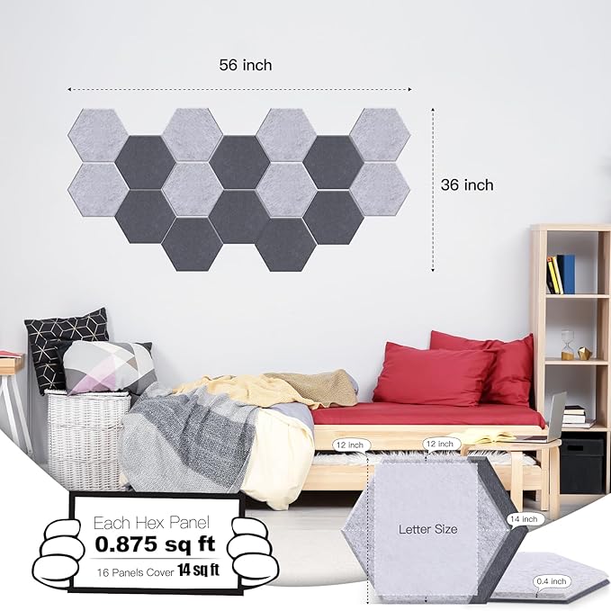 Mollywell Hexagon Acoustic Panels 14x12 - Reduce Echo & Reverb, Noise Blocking Wall Tiles for Studio & Home Office, Moon & Silver Gray Sound Absorbing Panels