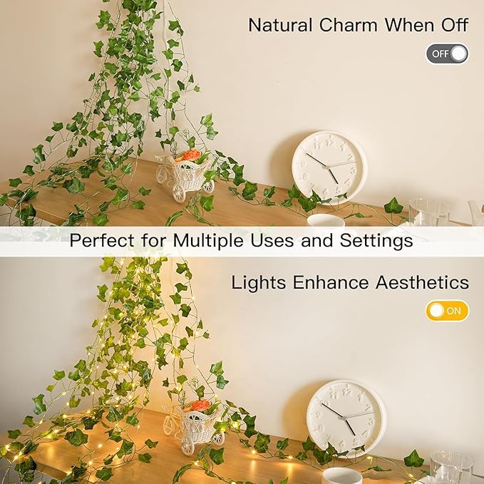 4 Pack Vines with Fairy Lights 40ft 120 LED Ivy String Lights USB Plugin & Battery Operated Leaf Lights with Timer 8 Modes Remote Decorative Light for Bedroom Wedding Party - Warm White