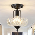 UOFUS Black Semi Flush Mount Ceiling Light Fixture with Clear Glass Shade Flower Small Chandelier Farmhouse Close to Ceiling Light for Hallway Entryway Bedroom Porch Foyer Corridor Kitchen
