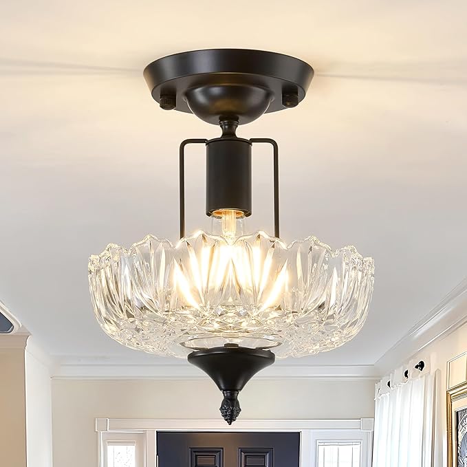 UOFUS Black Semi Flush Mount Ceiling Light Fixture with Clear Glass Shade Flower Small Chandelier Farmhouse Close to Ceiling Light for Hallway Entryway Bedroom Porch Foyer Corridor Kitchen