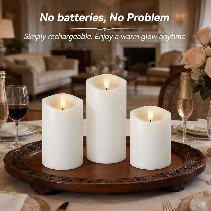 Rechargeable Flickering Flameless Candles Melted Edge Battery Operated with Remote and Timer, Real Wax LED USB Type-C Pillar Candles, Set of 3 (3" x 4",5",6"), White,Spring Home Decor