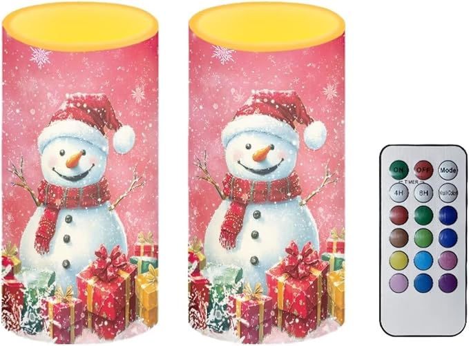 Flameless Pillar Candles Christmas Decorations Snowman Pink Snowflake Flameless Candles with 18-Key Remote Timer for Home Bedroom Living Room Dining Room Table Decorations Set of 2