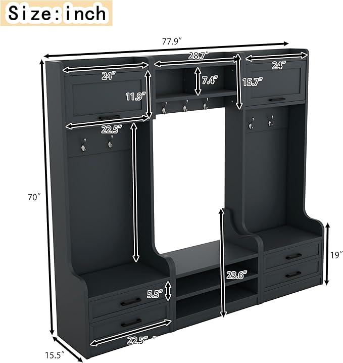 Bellemave Wide Hall Tree with Storage Bench, Wood Coat Rack with Cabinet and 7 Hooks, Mudroom Organizer with Shoes Storage Cubbies for Entryway Hallway (Dark Blue, 78" W)