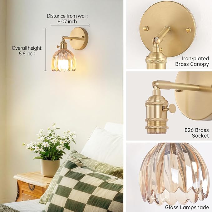 Vintage Battery Operated Wall Sconce with Amber Tulip Glass Lampshade Rechargeable Battery Powered Wall Light with Remote Control for Bedside Bedroom Doorway