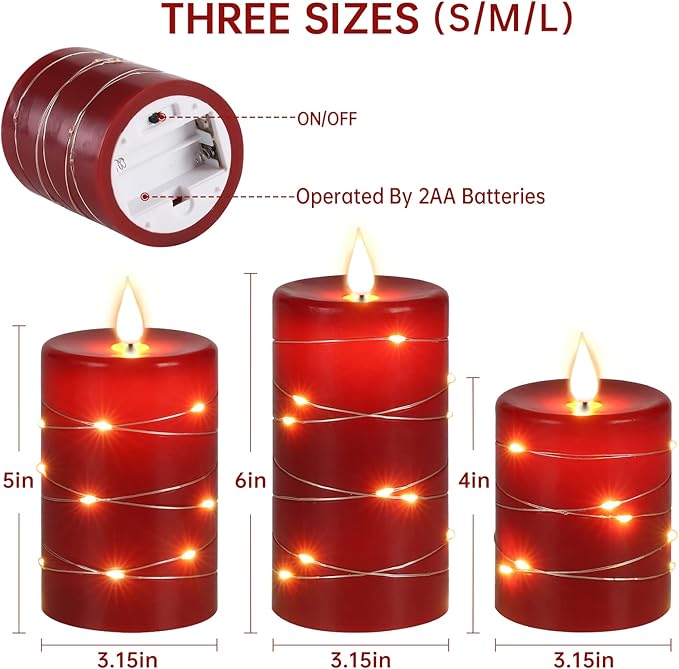 Upinmz Red Flameless Candle with Remote Control and Timer,Flickering Battery Operated Candles with String Lights,LED Pillar Candles,Set of 3