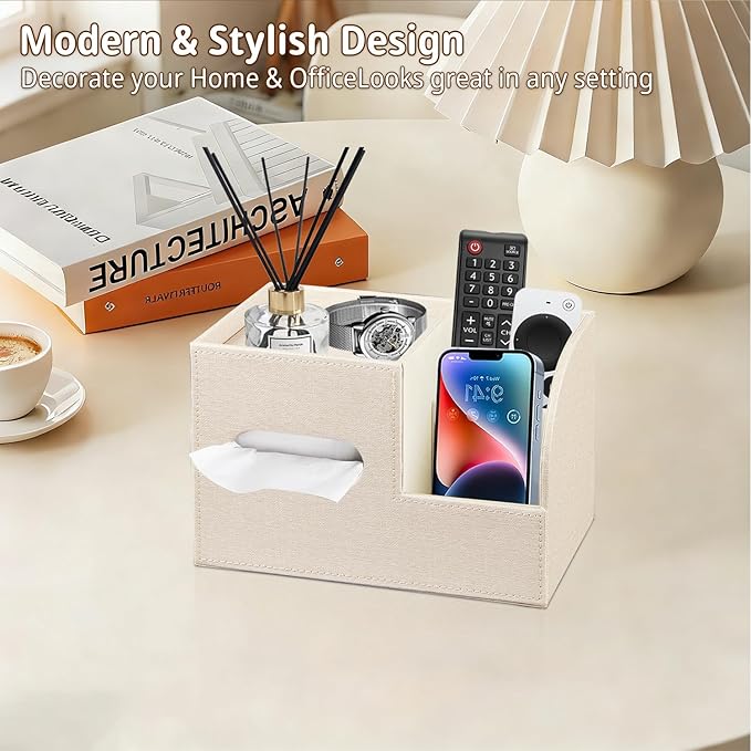 Leather Square Tissue Box Cover with Storage Tray,Cube Tissue Box Holder,Modern Facial Paper Organizer with Remote Control Holder for Bathroom,Vanity Countertop,End Table NightStand Home Office.Beige