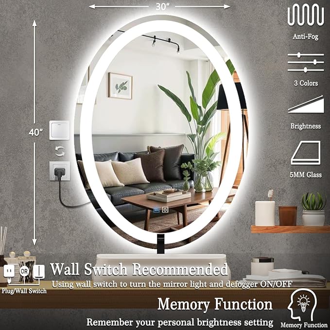 30 x 40 Inch Oval Lighted Vanity Mirror with Lights 3 Color Dimmable Memory Front Back Light 40 LED Oval Mirror for Bathroom Salon Wall Mount AntiFog 40in Ellipse Ovals Smart Light up Mirrors