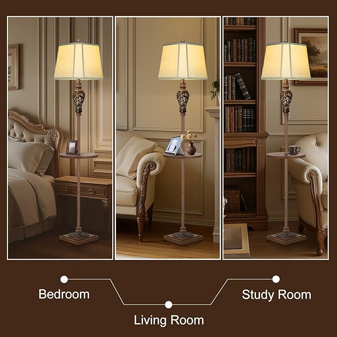 65" High Vintage Floor Lamp with Night Light and Metal Tray, Farmhouse Standing Lamp with Beige Faux Silk Shade, Retro Rustic Tall Lamp Decor for Living Room, Bedroom, Bedside, Corner (Bulb Included)