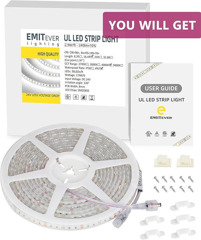 EMITEVER Outdoor LED Strip Lights Waterproof 5000K White, 16.4ft IP67 24V Tape Light UL Listed, 240+LM/ft, High Density 600LEDs, Lighting for Bathroom,Pool,Patio,Garden(Power Supply Not Included)