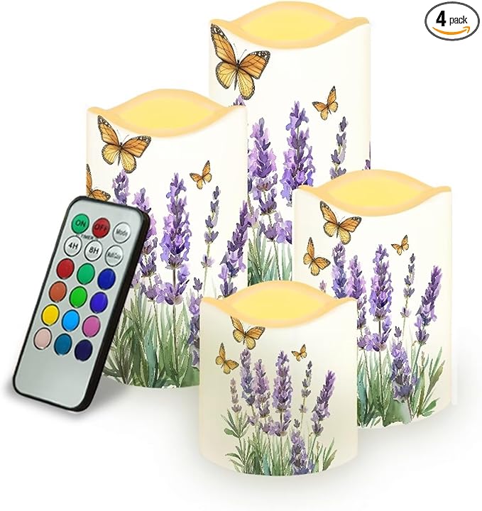 Lavender Butterfly Flameless Candles Bulk Timer Battery Operated Candles with Remote Color Changing Electric Pillar Led Candles Room Home Dining Table Decorations Tea Light